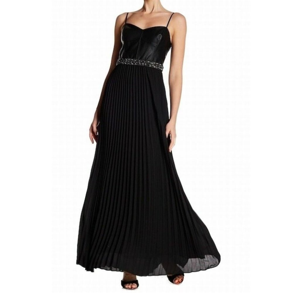 WT Laundry by Shelli Segal Goth Faux Leather Beaded Pleated Maxi‎ Dress Black 2